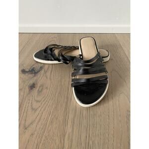 H by Halston Womens Cora Black Leather Strappy Flat Slide Sandal Size 8.5M US